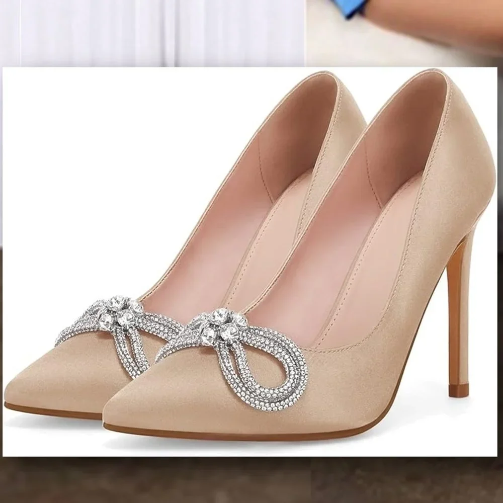 COUTGO Rhinestone Bow Champagne Satin Dress Shoes  🥂 NEW IN BOX!  🥂  Size 7.5 - Picture 2 of 12